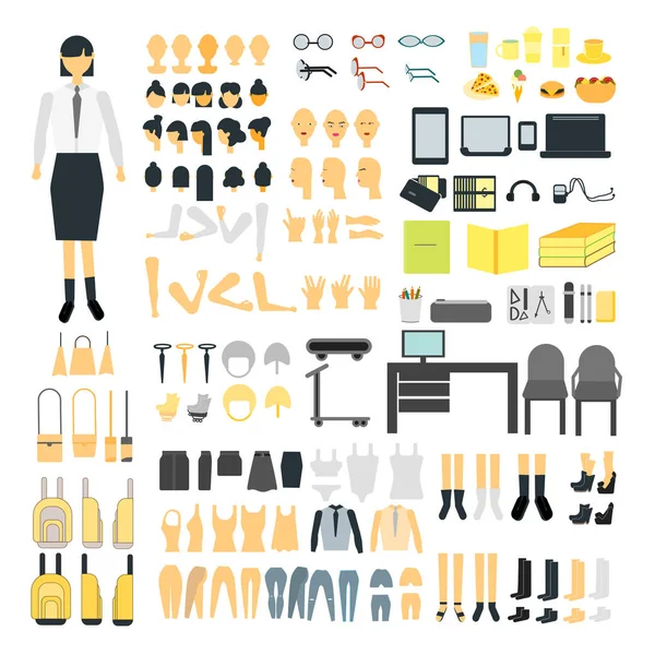 Uppsättning av Schoolgirl konstruktör Character kit uppsättning. Kvinnliga kroppsdelar, Uniform, väska, rygg och främre ansikten, frisyrer, klänning, kläder platt isolerad vektor illustration på vit bakgrund. — Stock vektor