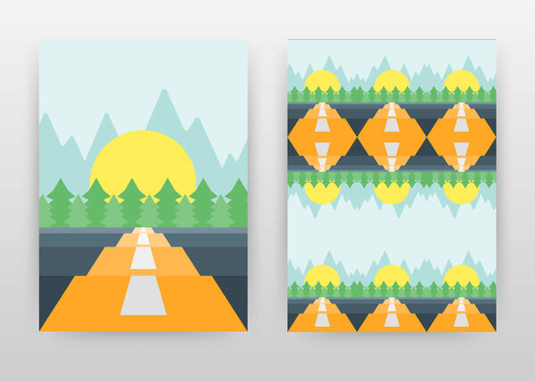 Landscape of road, sun, pine trees and mountains. business desig