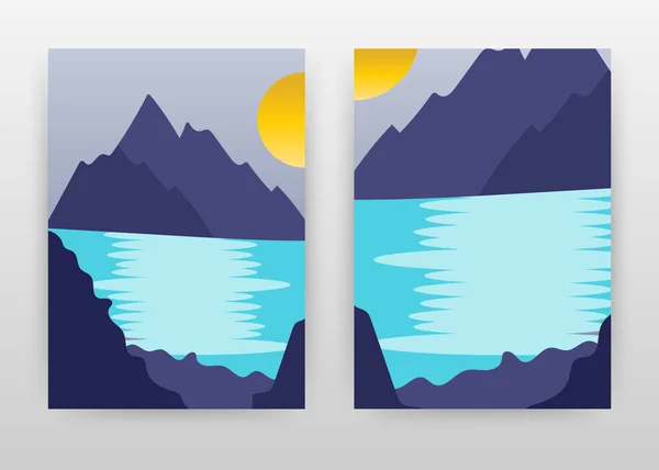 Landscape of mountains, sun, river, lake. Design for annual repo