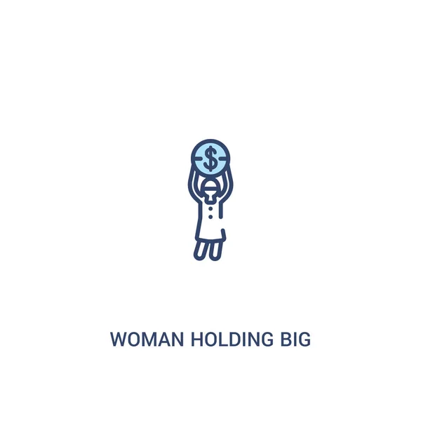 Kvinna som innehar stora mynt koncept 2 färgad ikon. enkel linje ele — Stock vektor
