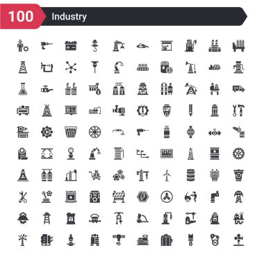 100 industry icons set such as sewage, piston, lift, oil tank, uncoiler, electrolysis, crusher, electronic print machine, eco windmill clipart