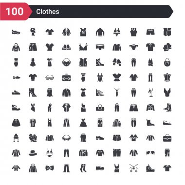 Pamuk polo gömlek, takı seti, kokteyl elbisesi, deri derbi ayakkabı, kadın çorap, chinos pantolon, papyon, kapüşonlu ceket, oxford dalga blazer gibi 100 giysi simgeleri seti