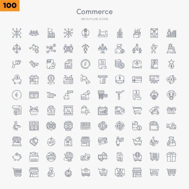 100 ticaret anahat simgeleri checke gibi ayarlanmış, tente ile ön mağaza, online mağaza sepeti, sepete eklemek, sepeti, eko etiket, tam para çantası, alışveriş mağazası çıkarmak