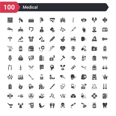 100 tıbbi simgeler molar diş gibi ayarlayın, asit el düşen, göz damlalığı, kafatası ve kemik, ölü, güçlü, nefes kontrolü, nutrionist, tedavi tablosu