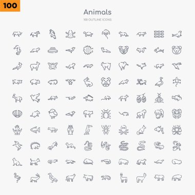 100 animals outline icons set such as anteater, alpaca, antelope, badger, bull, cheetah, crow, elk clipart