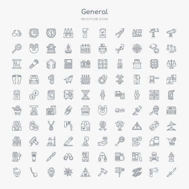 100 general outline icons set such as strong knife, two knots rope, fire hose, fire axe, oxidant, spiderweb, ghost face, chain ball clipart