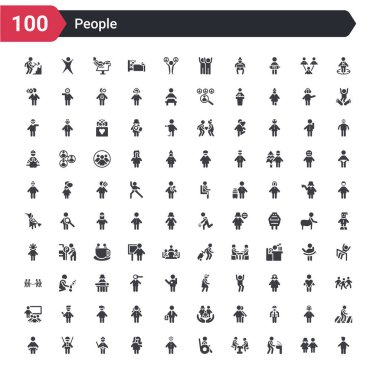 100 kişi simgeleri kafaları, kamu çeşme, teeter totter çocuklar, tekerlekli sandalye yan görünümü, karnaval maskeleri, kadın portre, polis figürü, koşum ile işçi, emniyet kemeri gibi ayarlayın