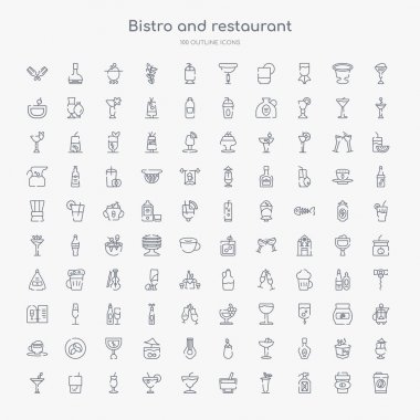 100 bistro ve restoran anahat simgeleri karton bardak, rom, bloody mary, şarap, margarita, martini, tekila gündoğumu, mojito gibi ayarlayın