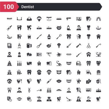 Diş beyazlatma, hasta kız, diş hekimi koltuğu, boşluklar, implant, sağlıklı erkek, tıbbi randevu, protez, tıbbi reçete gibi 100 diş hekimi simgeleri ayarlayın