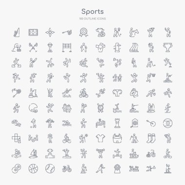 Burkulan ayak bileği, sutopu, bullseye, stretching, tepeden aşağı kayak, yarış bisikleti, beyzbol topu, çizgi ile basketbol topu gibi 100 spor anahat simgeleri ayarlayın