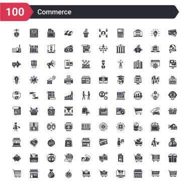 100 ticaret simgeleri checke gibi ayarlanmış, tente ile ön mağaza, online mağaza sepeti, sepete eklemek, sepeti, eko etiket, tam para çantası, alışveriş mağazası, ızgara ile alışveriş dışarı çıkarmak