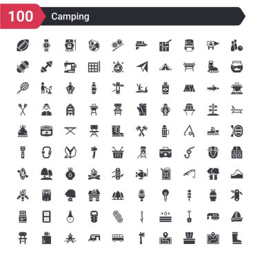 Çizme, doku, yer, balta, karavan, karavan, piknik, çakmak, sandalye gibi 100 kamp ikonu