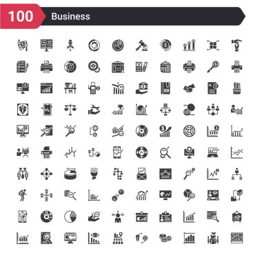 100 business icons set such as maze game, business graph, one dollar coins, converting ideas in money, 3d location graph, analytic visualization, analytics monitor, bar stats, bars chart analysis clipart