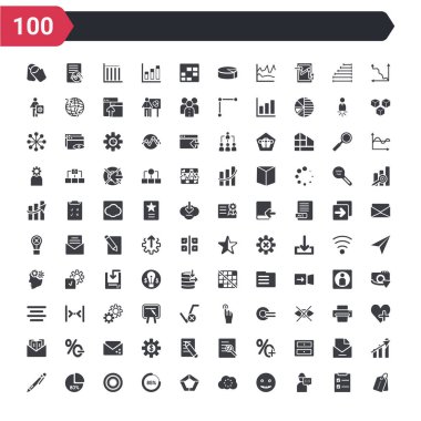 Etiketler, anonim mesaj, gülümseme, yükleme işlemi, beşgen grafik, yükleme göstergesi, yeniden yükleme pasta grafiği, yüzde grafiği, kalem dolgulu yazma aracı gibi 100 ui simgesi ayarlanmış