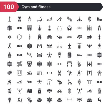 100 spor salonu ve fitness simgeleri kas, trambolin, direnç, bosu topu, büyük kronometre, hap ve tablet, havuç ve elma, koşu bandı, protein shake çalışan gibi ayarlayın