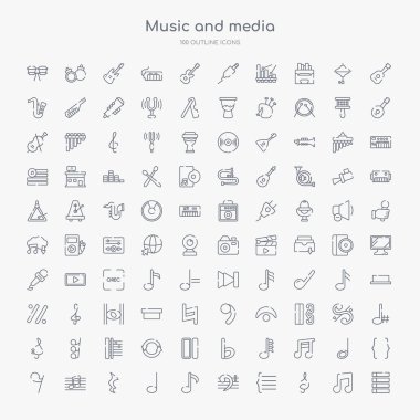 100 müzik ve medya anahat simgeleri noktalı barline, tiz clef, parantez, bas clef, on altıncı nota, çeyrek nota, çeyrek nota dinlenme, quaver gibi ayarlayın