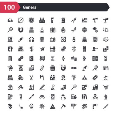 100 general icons set such as strong knife, two knots rope, fire hose, fire axe, oxidant, spiderweb, ghost face, chain ball, female skull clipart