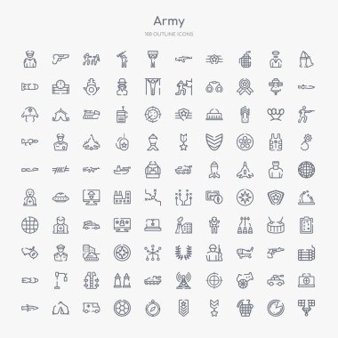 100 army outline icons set such as satellite, grenade, military, rank, compass, toxic, ambulance, tent clipart