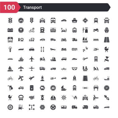 Siyah araba, ağır vasıta, geri dönüşüm kamyonu, yol süpürücüsü, direksiyon, vites değiştirme, şasi, kaldırıcı, alaşım tekerleği gibi 100 taşıma simgesi