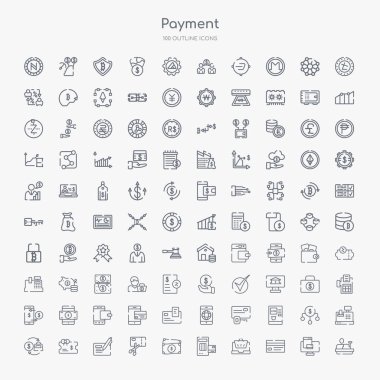 Kasiyer, kart, online alışveriş, ödeme, dolar, kesme kartı, çek, çek gibi belirlenen 100 ödeme anahattı simgeleri
