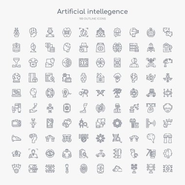 Ai beyin, ar kamera, ar monocle, yapay atmosfer, biyometrik, biyonik kol, biyonik göz, vücut tonu gibi 100 yapay akıl anahat simgeler ayarlayın