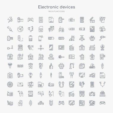 Oyun kumandası, anakart, akıllı tv, joystick, sunucu, oyun konsolu, akıllı saat, fare gibi 100 elektronik cihaz anahat simgeleri
