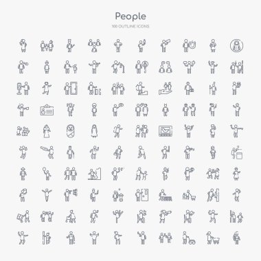 100 people outline icons set such as queens guard, person mowing the grass, two men with cocktail glasses, smoking man, woman covering, muscular man showing his muscles, tumb up business man, clipart