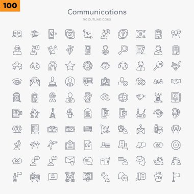 Bayrak sallayarak, dijital telefon, sohbet mesajı, yayın, canlı haber raporu, konstrüktivizm, seni seviyorum, haber spikeri gibi 100 iletişim anahat simgeleri