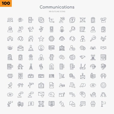 100 communications outline icons set such as flag waving, digital phone, chat message, broadcasting, live news report, constructivism, i love you, news anchor clipart