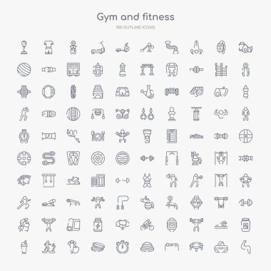 100 spor salonu ve fitness anahat simgeleri kaslar, trambolin, direnç, bosu topu, büyük kronometre, hap ve tablet, havuç ve elma, koşu bandı çalışan gibi ayarlayın