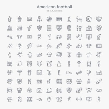 100 amerikan futbolu anahat simgeleri su şişesi, barbell, amerikan futbol kupası, pozisyon, köpük parmak, düdük, dolap, eğitmen gibi ayarlayın