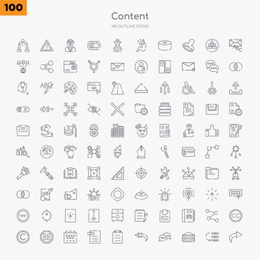 100 content outline icons set such as reply, weekend, hat, reply all, paste, text format, next week clipart