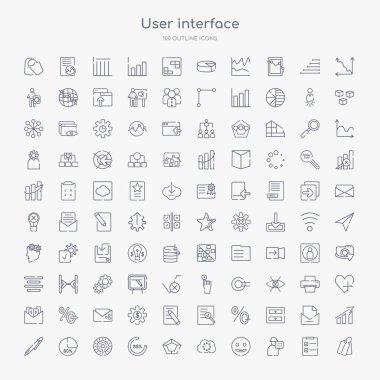 Etiketler, anonim mesaj, gülümseme, yükleme işlemi, beşgen grafik, yükleme göstergesi, yeniden yükleme pasta grafiği, yüzde grafiği gibi ayarlanmış 100 kullanıcı arabirimi anahat simgeleri