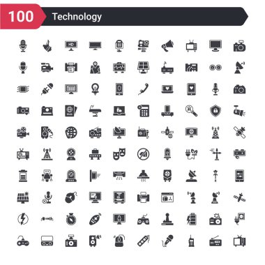 100 teknoloji simgeleri eski tv, büyük walkie talkie, uzun kablo, tee güç, kablosuz fare, müzik çalar büyük hoparlör, büyük len, psp konsol, sega gamepad ile cam ile mikrofon gibi ayarlayın