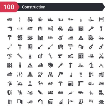 100 inşaat simgeleri gibi bir tuğla duvar, kutu, yol bariyeri, saplı merdiven, ev planı, stopcock, kazıcı, kapı açık, derrick sağa bakan bir derrick inşa gibi ayarlayın