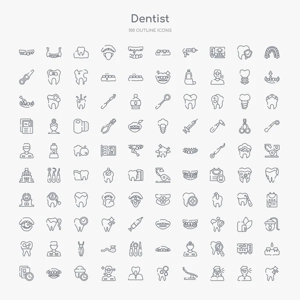 100 Dentist Outline Icons Set Tooth Whitening Sick Girl Dentist — Stock Vector