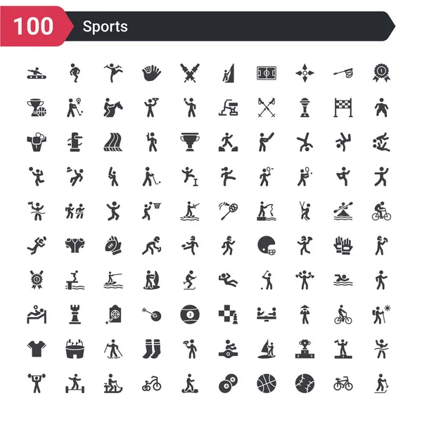 100 Juegos Iconos Deportivos Como Esquí Colina Abajo Pelota Béisbol — Vector de stock
