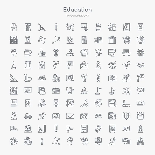 100 Icônes Contour Éducation Définies Telles Que Vieille École Ayant — Image vectorielle