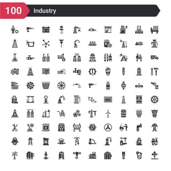 100 Industrie Icons Set Zoals Riolering Zuiger Lift Olietank Uncoiler — Stockvector