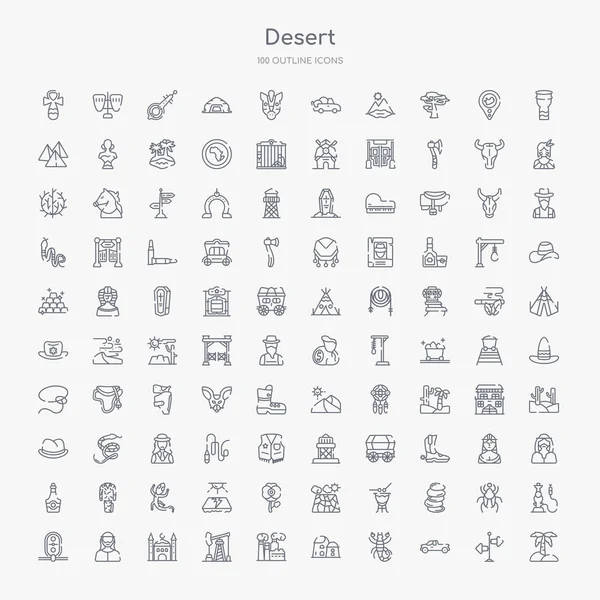100 Woestijn Overzicht Icons Set Zoals Palm Pick Scorpion Toren — Stockvector