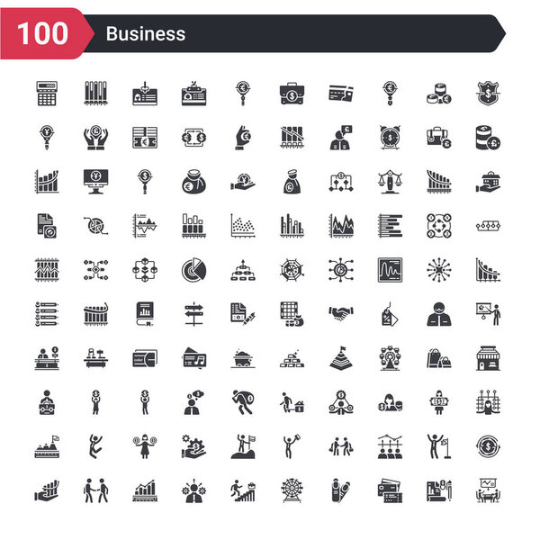 100 business icons set such as sitting, cit card and ticket, nails, ferris wheels, professional advance, man with solutions, measure success, partners in business, increase rate