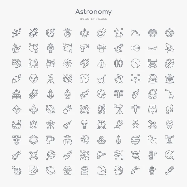 100 Astronomy Outline Icons Set Rocket Start Shooting Star Death — Stock Vector