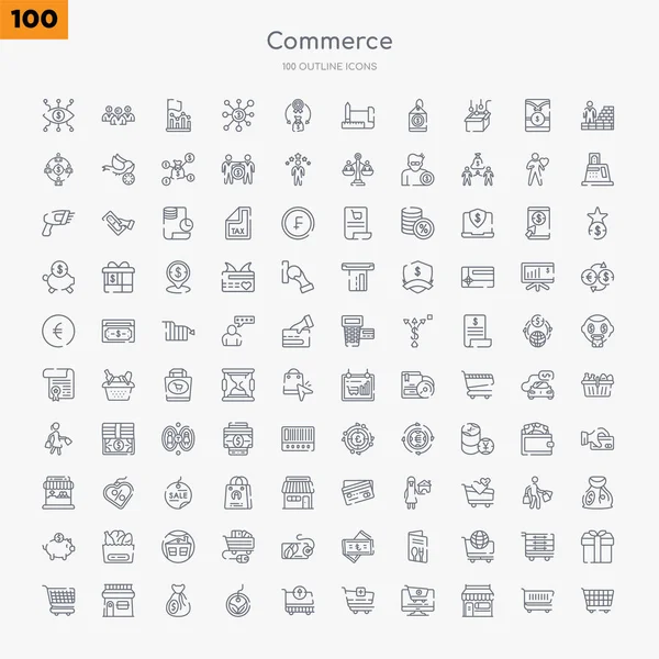 100 Commerce Overzicht Icons Set Zoals Checke Front Winkel Met — Stockvector