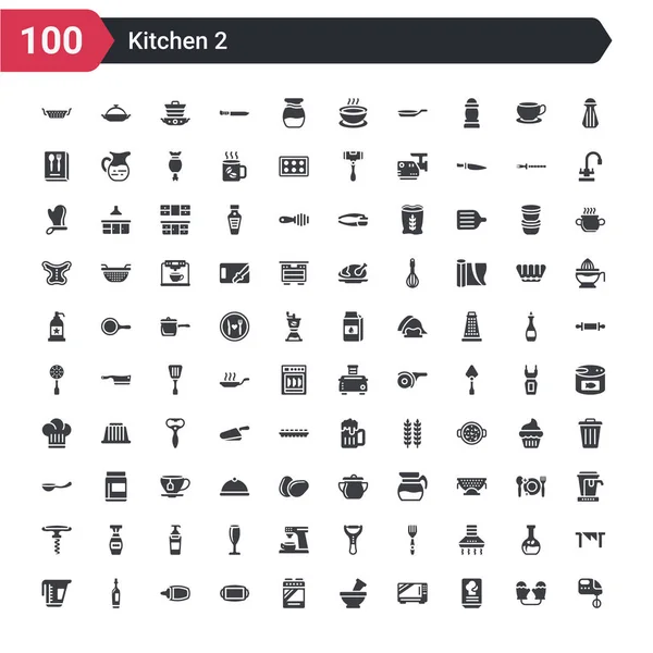 100 Keuken Icons Set Zoals Mixer Recept Magnetron Mortel Fornuis — Stockvector
