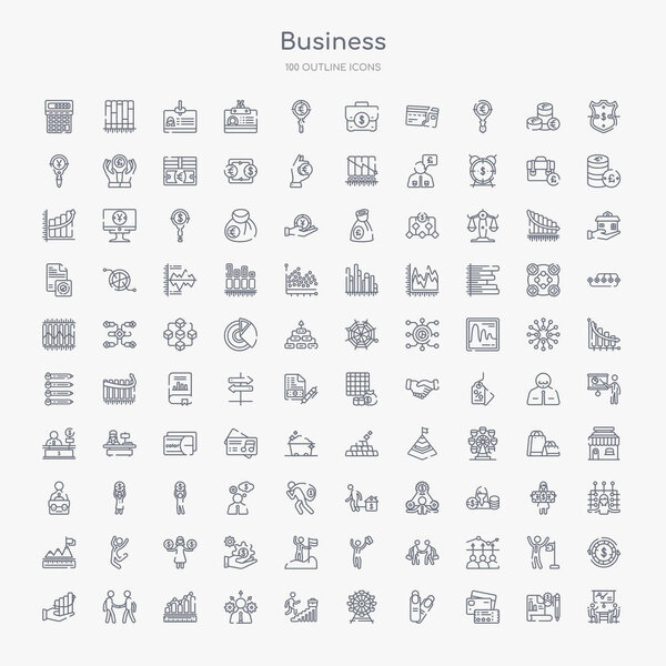 100 business outline icons set such as sitting, cit card and ticket, nails, ferris wheels, professional advance, man with solutions, measure success, partners in business
