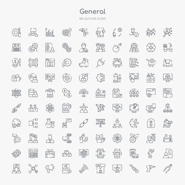 100 Общих Контуров Иконки Набор Такие Ногтей Тянуть Канцелярский Нож — стоковый вектор