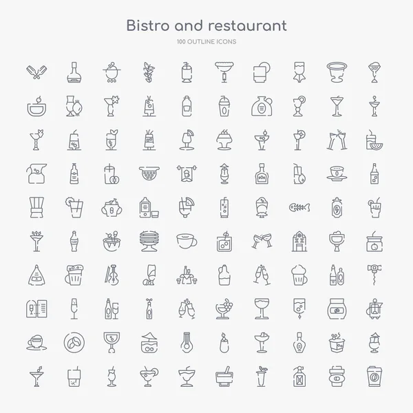 100 Icônes Contour Bistro Restaurant Tels Que Tasse Carton Rhum — Image vectorielle