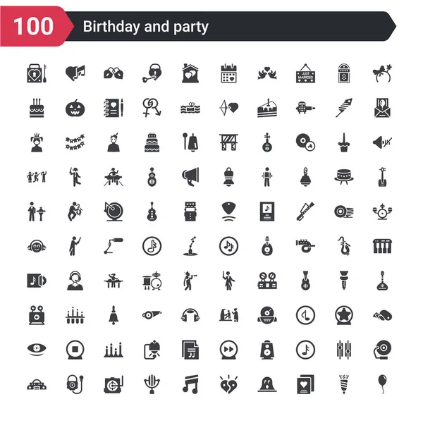 100 Verjaardag Partij Icons Set Zoals Lucht Ballon Wenskaart Phantom — Stockvector