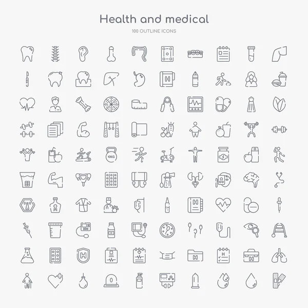 100 health and medical outline icons set such as band aid, blood drop, condom, defibrillator, desinfectant, emergency, enema, health care