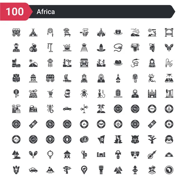 100 Iconos África Conjunto Como África Africano Pirámides Tambor Africano — Vector de stock